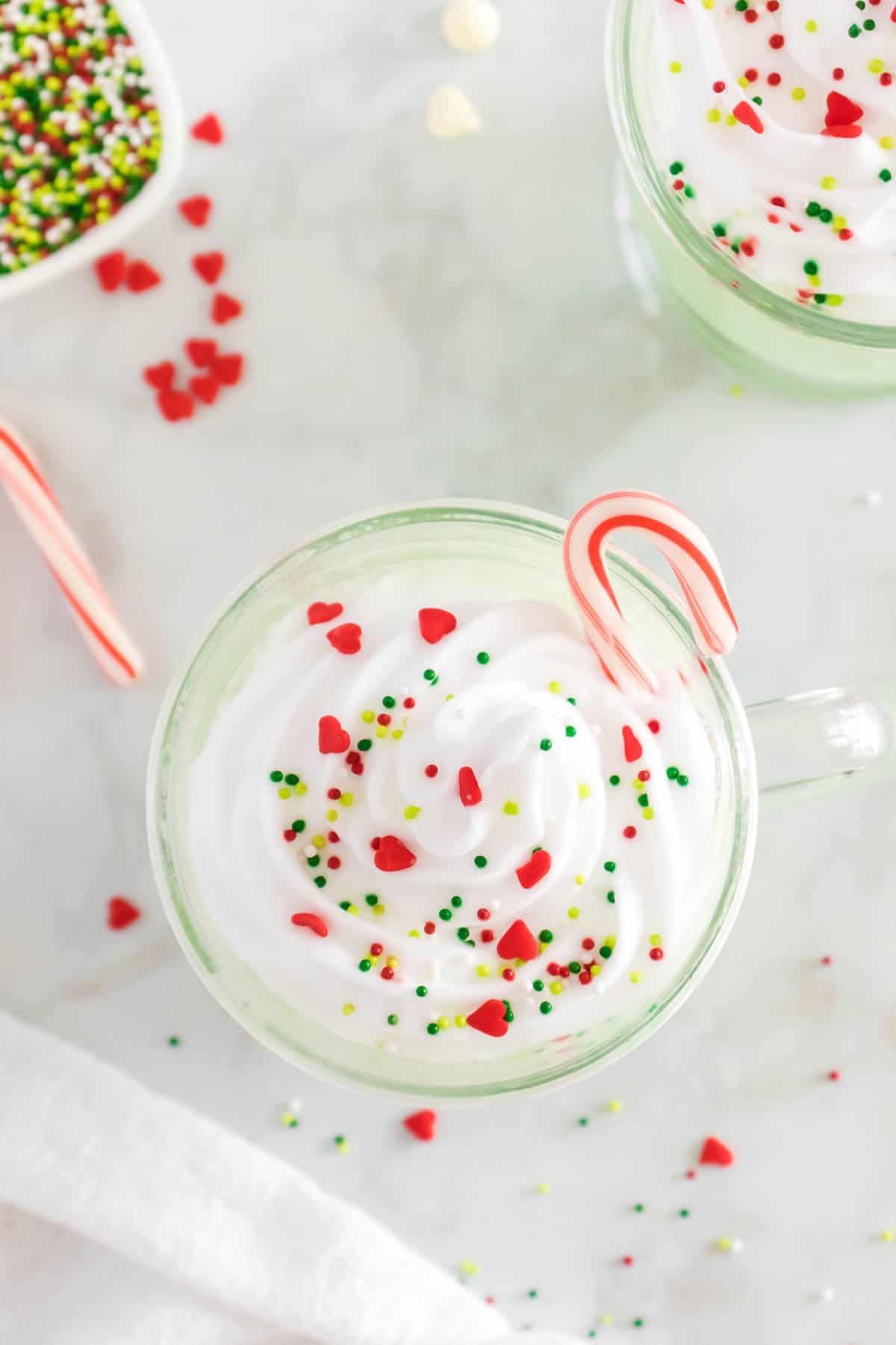 Looking down in a hot chocolate mug to see the whipped cream, sprinkles, and candy cane on top.