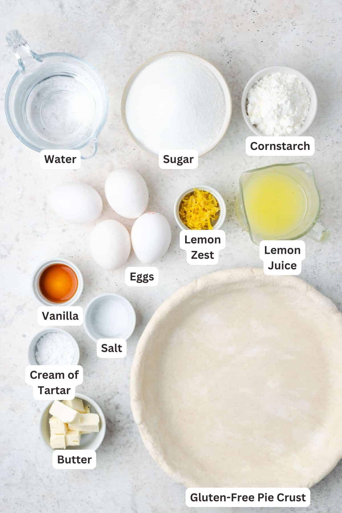 Ingredients for Gluten Free Lemon Meringue Pie.