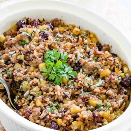 A casserole dish of wild rice stuffing.