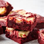 Red velvet brownies on a white background.