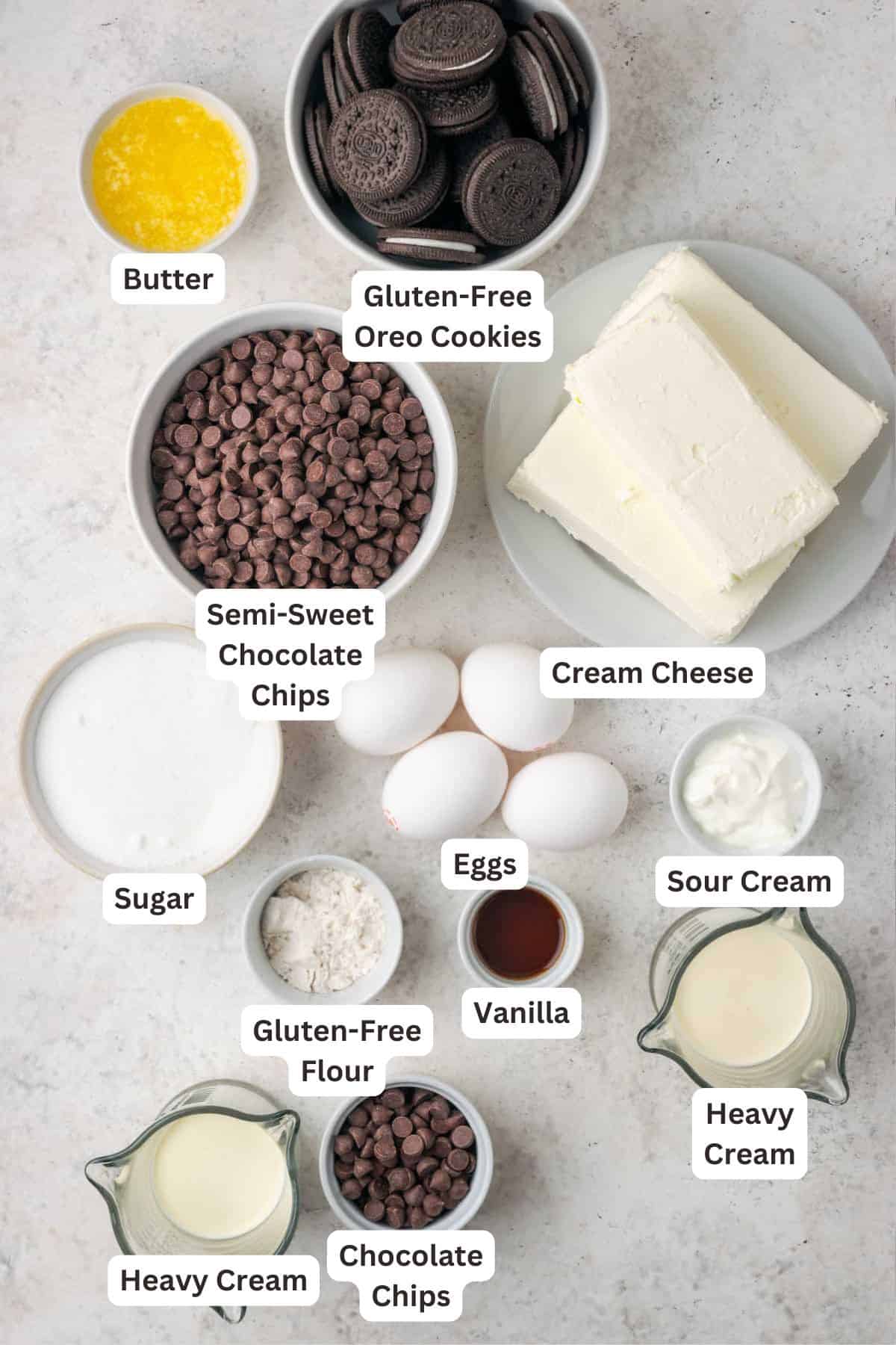 Ingredients for Gluten Free Chocolate Cheesecake.