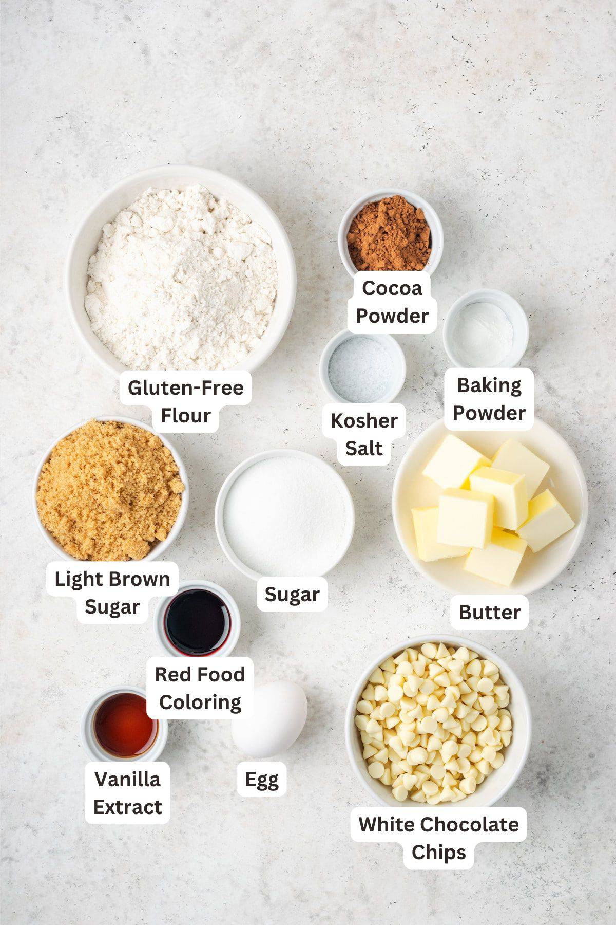 Ingredients for Gluten Free Red Velvet Cookies.