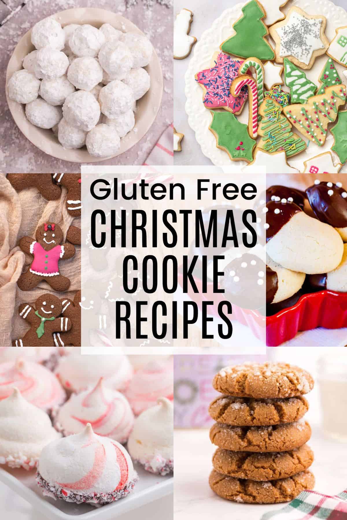 A two-by-three collage of photos of red velvet cookies, gingersnaps, peppermint meringues, snowball cookies, decorated cut-out sugar cookies, and more with a white box in the middle with text overlay that says "Gluten Free Christmas Cookie Recipes".