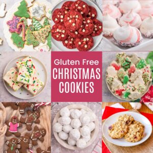 A three-by-three collage of photos of red velvet cookies, peppermint meringues, snowball cookies, decorated cut-out sugar cookies, and more with a pink box in the middle with text overlay that says "Gluten Free Christmas Cookies".