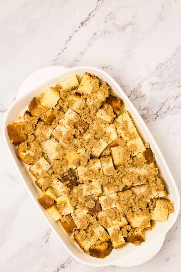 A top down photo of a tray of French toast casserole.