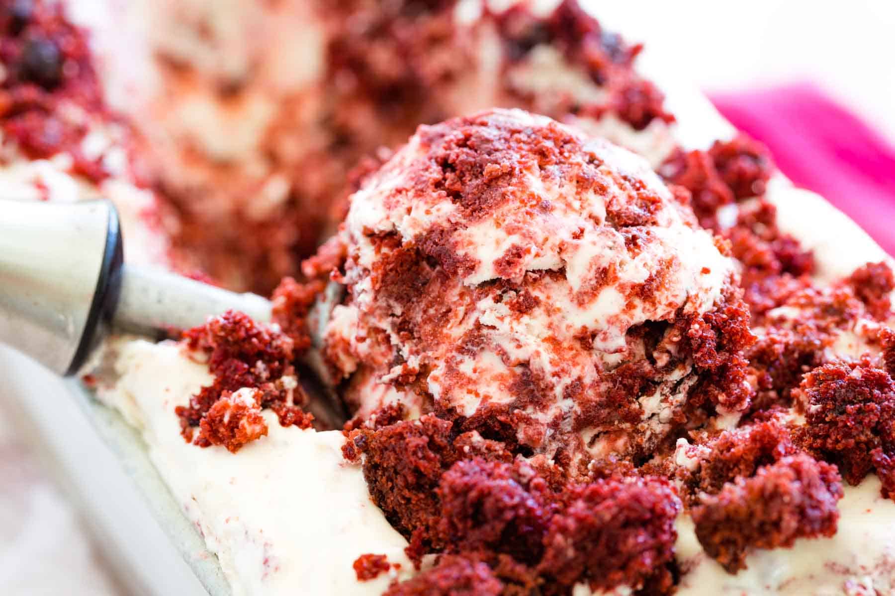 A close up shot of red velvet ice cream.