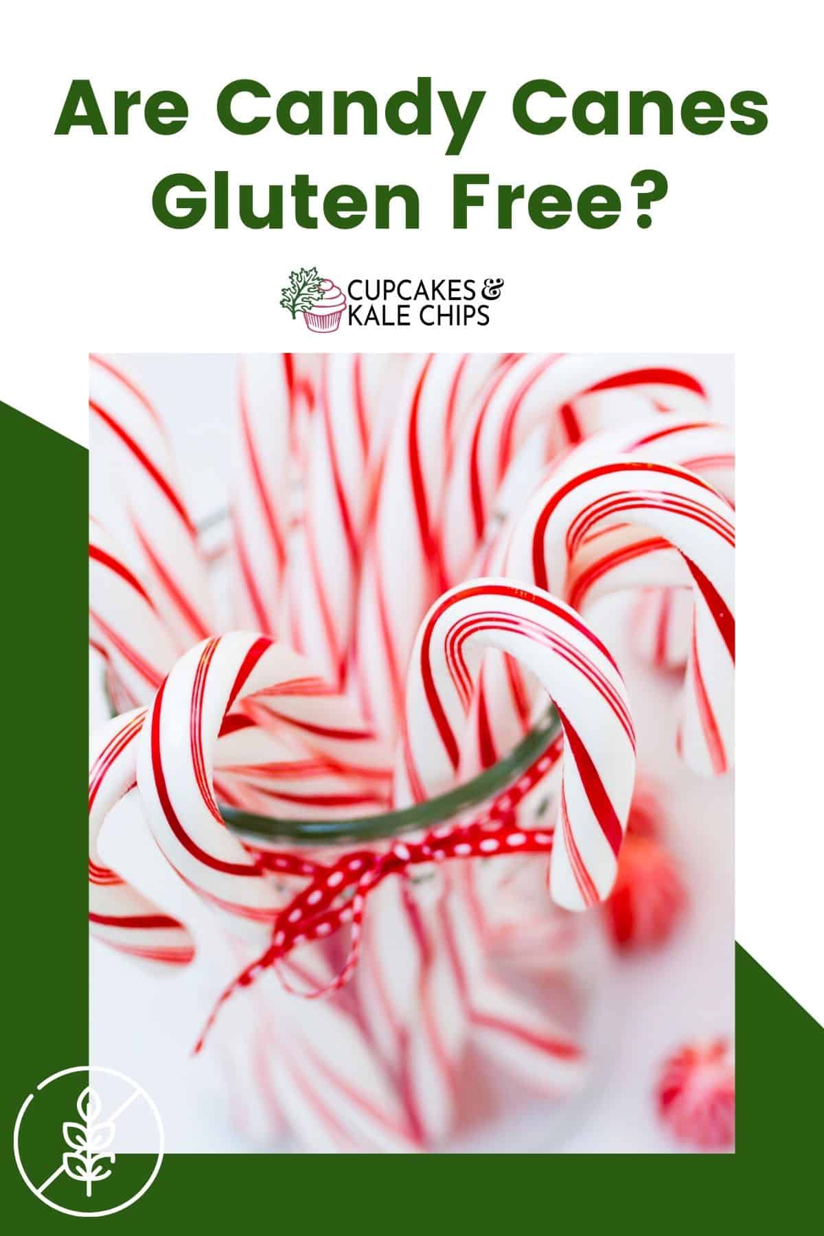 A photo of candy canes in a jar on a green and white background with text overlay that says "Are Candy Canes Gluten Free?".