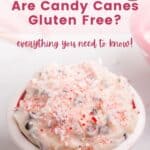 A bowl of peppermint dip with text overlay that says "Are Candy Canes Gluten Free?" and the words "everything you need to know!".
