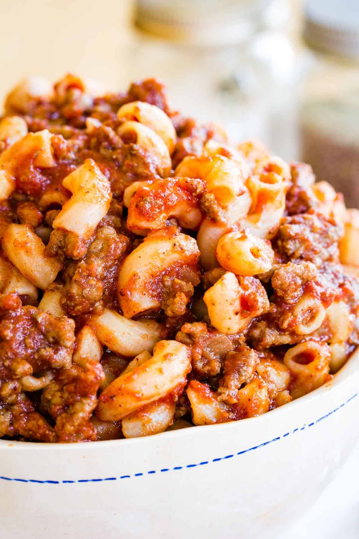 Elbow noodles are infused with a meaty tomato sauce in this version of beefaroni.