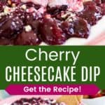 A strawberry being dipped into a cherry-topped dessert dip in a pink dish and the whole dish with two graham crackers on the edge divided by a green box with text overlay that says "Cherry Cheesecake Dip" and the words "Get the Recipe!".