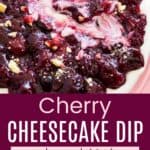 Two graham crackers in a cherry-topped dessert dip in a pink dish and the whole dish garnished with cookie crumbs divided by a dark pink box with text overlay that says "Cherry Cheesecake Dip" and the words "easy, creamy, and gluten free.