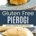Pierogi on a plate with one cut open to show the potato cheese filling and a another plate of them with one cut open to show the pot cheese filling divided by a blue box with text overlay that says "Gluten Free Pierogi" and the words "potato cheese & pot cheese".