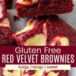 A closeup of the side of a red velvet brownie and several swirled brownies cut on a piece of parchment paper divided by a red box with text overlay that says "Gluten Free Red Velvet Brownies" and the words fudgy, tangy, and sweet.
