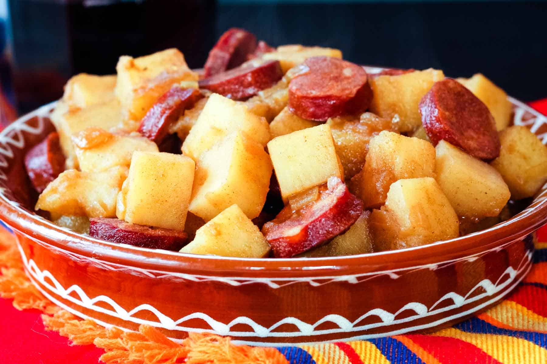 Cubed potatoes and chunks of chorizo are featured in this bowl of patatas riojana.