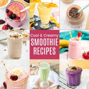 A three-by-three collage of different smoothies with a pink box in the middle with text overlay that says "Cool & Creamy Smoothie Recipes".