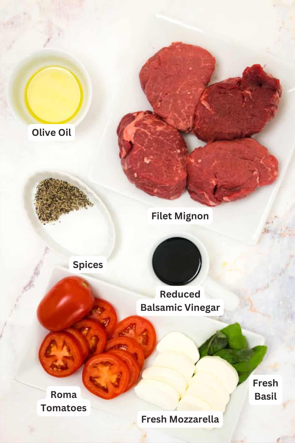 Caprese Steak will be your new favorite way to make steak! Juicy meat is topped with tomatoes, mozzarella, basil, and a balsamic reduction. Ingredients for Caprese Filet Mignon Steak.