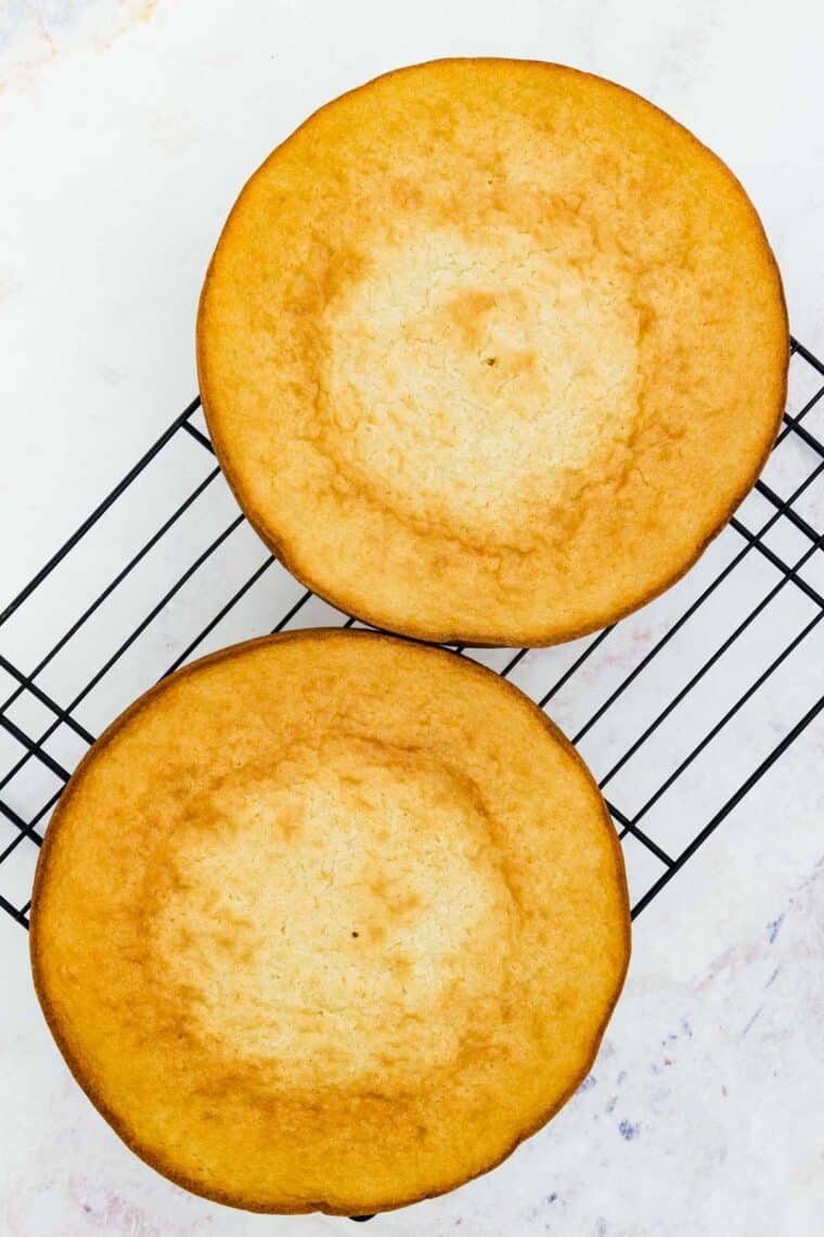 The baked cake rounds cool on a rack.