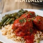 A plate of saucy meatballs served over rice with text overlay that says "Porcupine Meatballs".