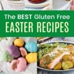 A collage of ham, asparagus, eggs benedict, hummingbird cake, peanut butter eggs, and more divided by a green box with text that says "The Best Gluten Free Easter Recipes".