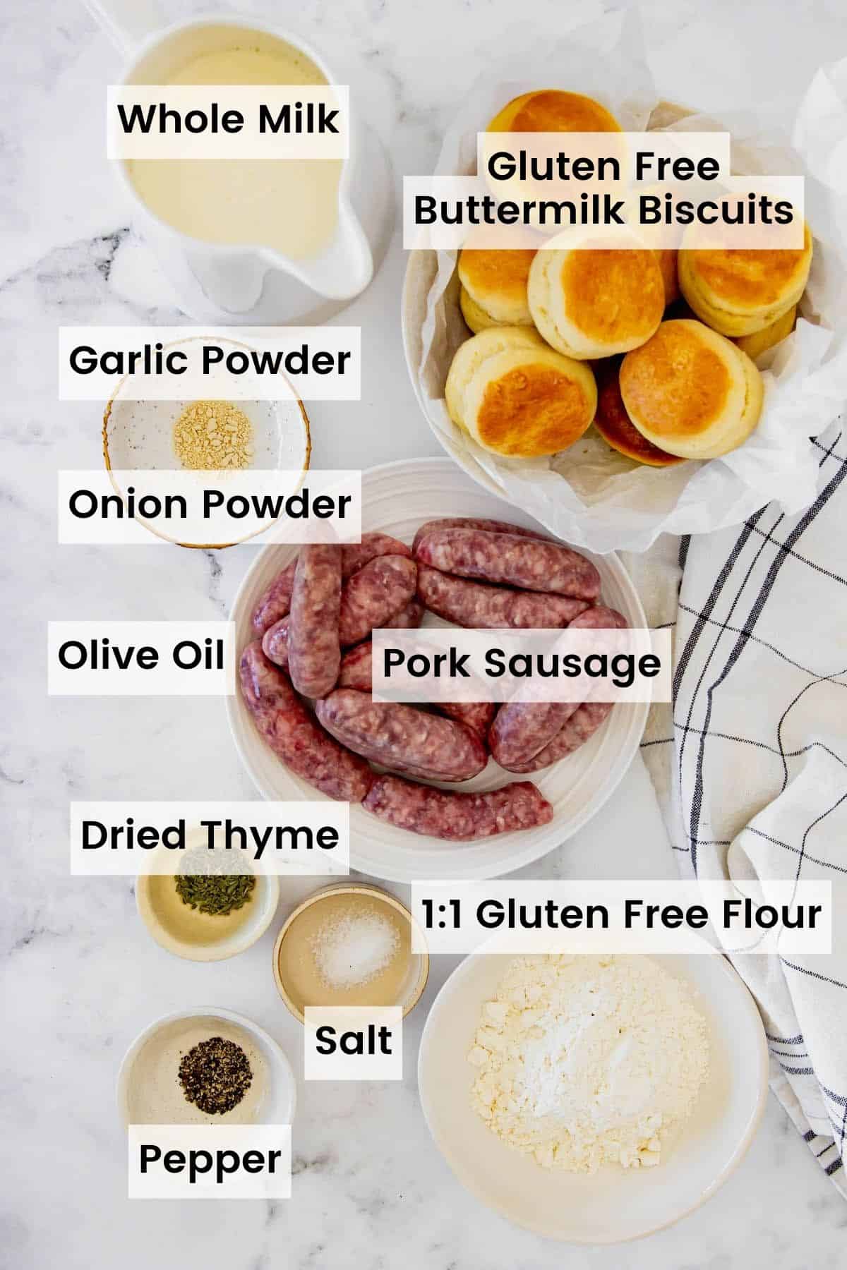 A bowl of biscuits plus bowls of the ingredients to make sausage gravy with text labels on them.