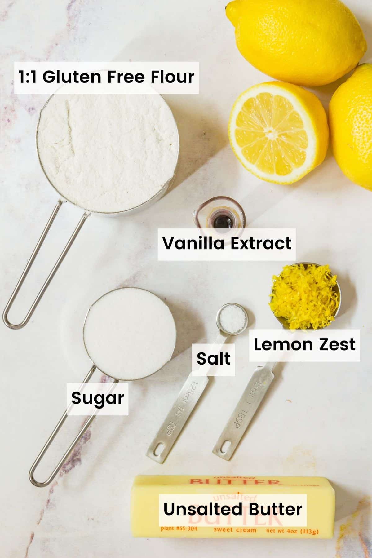 Ingredients for the lemon bar crust with text labels.