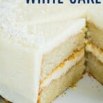 A slice being pulled away from a layer cake using a spatula with text overlay that says "Gluten Free White Cake".