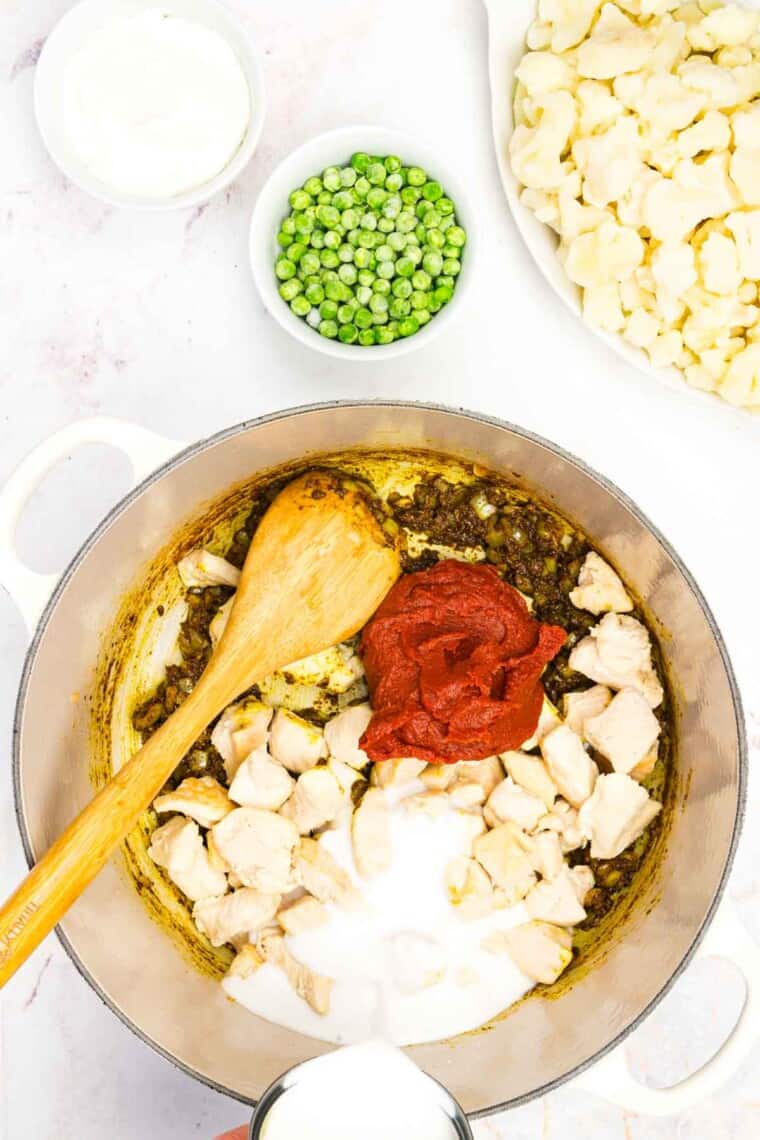 Tomato paste is added into the pot of curry.