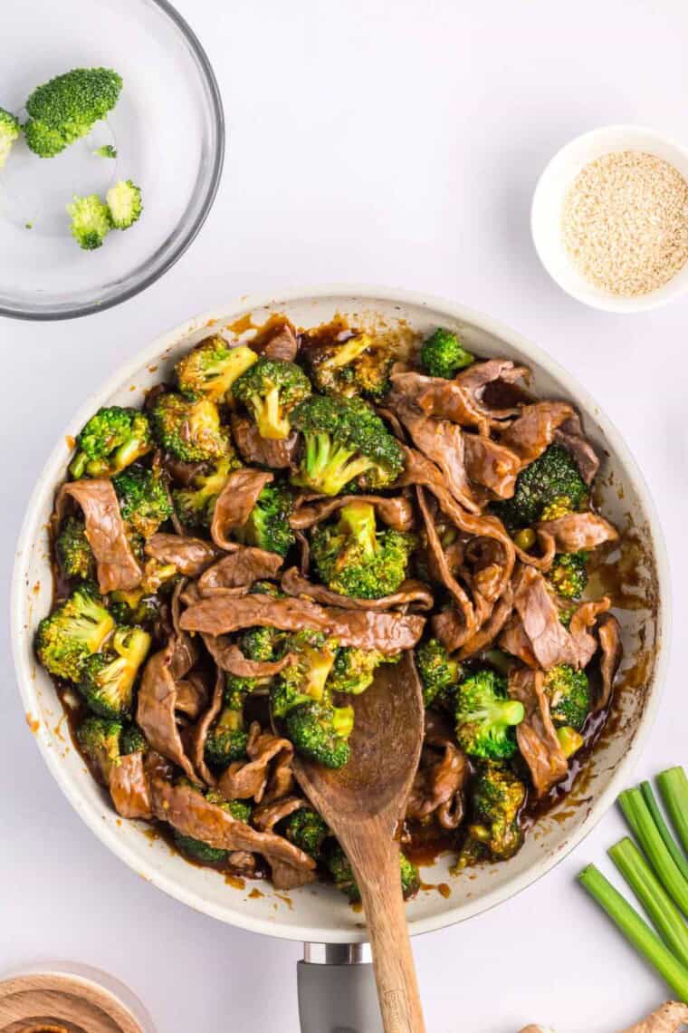 Beef and broccoli in a pan.