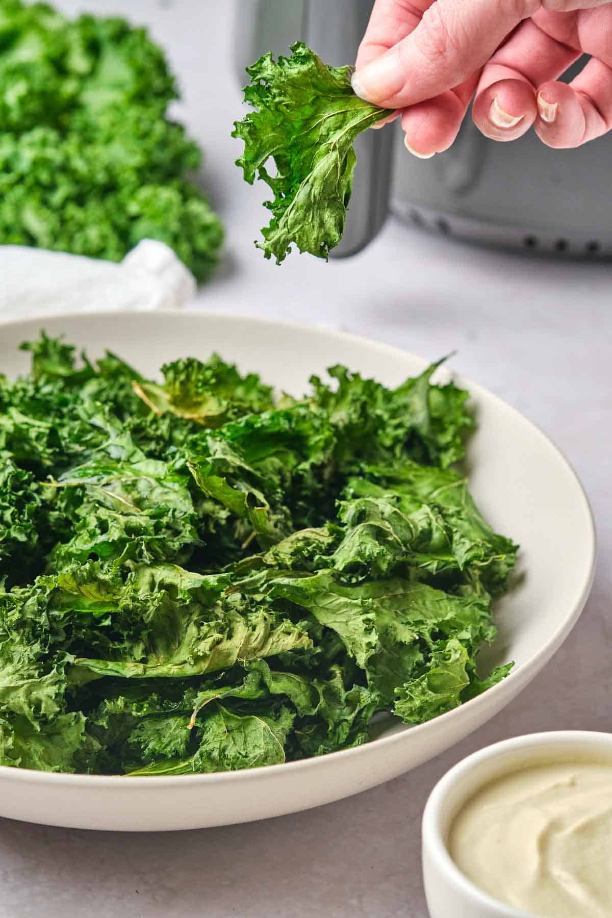 A hand holds a kale chip above a bowl of air fryer kale chips.