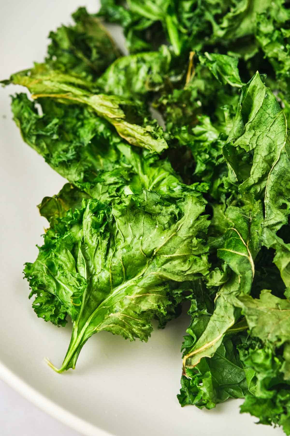 A close up shows crispy air fryer kale chips.