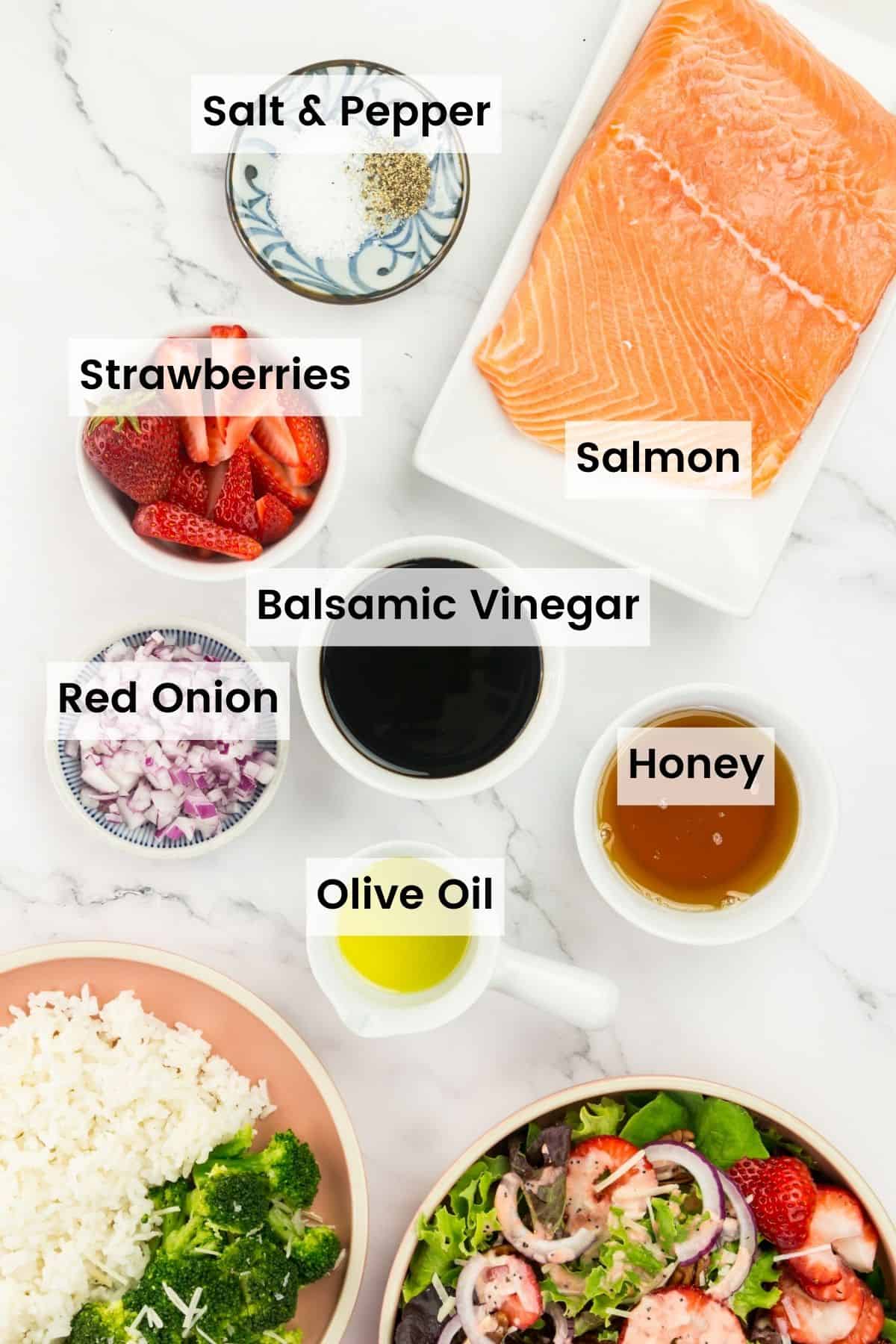 Ingredients for balsamic salmon are labelled: olive oil, balsamic vinegar, salmon, honey, strawberries, red onion, salt and pepper