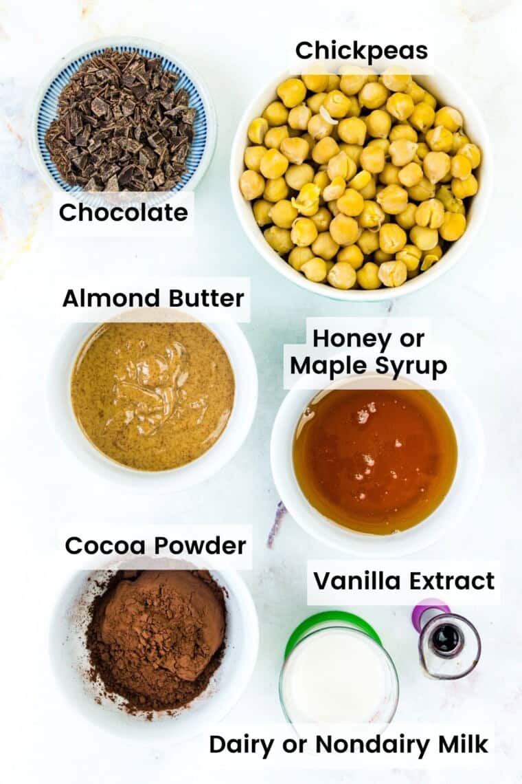 Ingredients needed for dark chocolate hummus are shown with text labels: chickpeas, cocoa powder, almond butter, vanilla, chocolate, maple syrup.