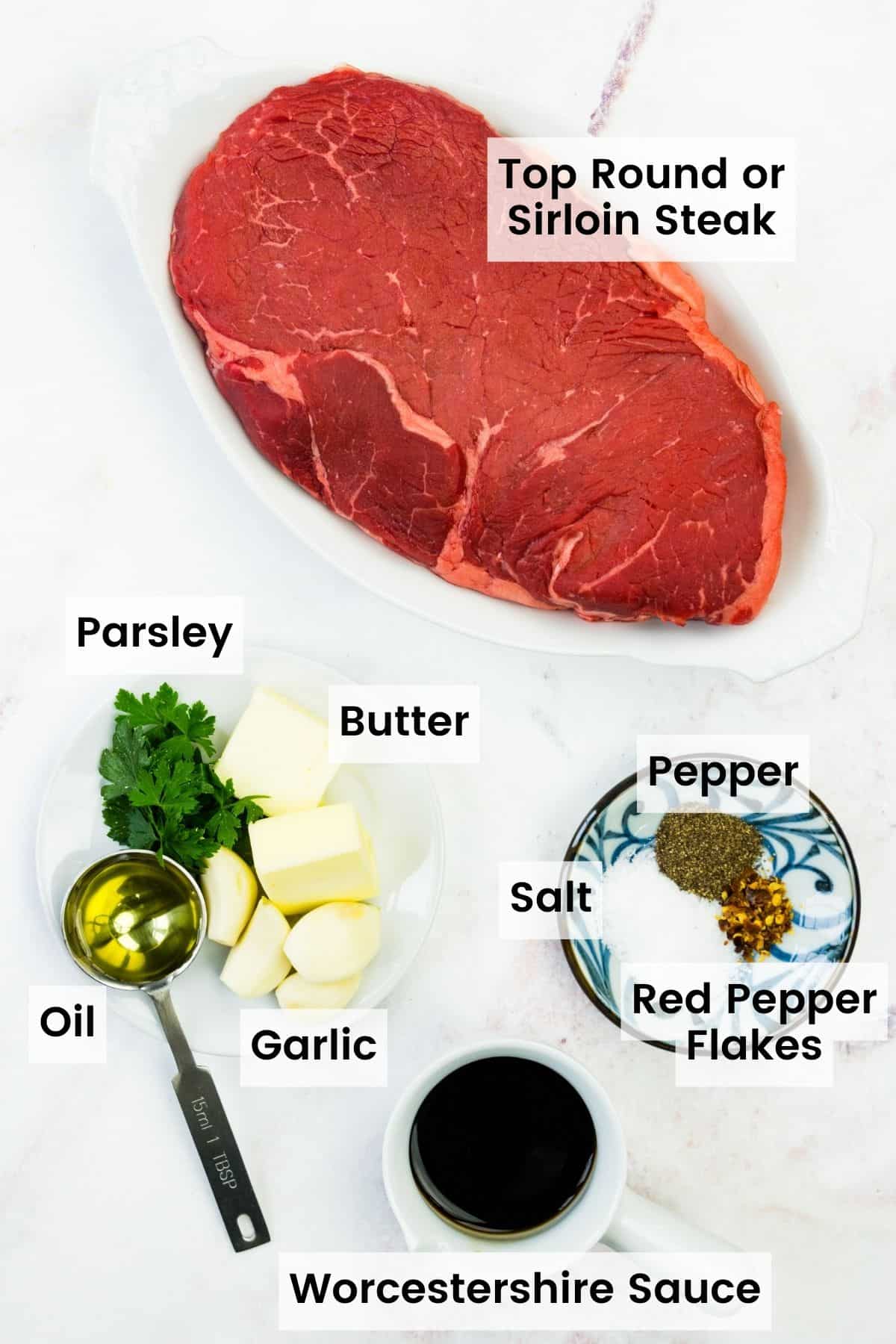 Steak bites ingredients are shown with text labels: steak, avocado oil, salt and pepper, red pepper flakes, parsley, garlic, butter.