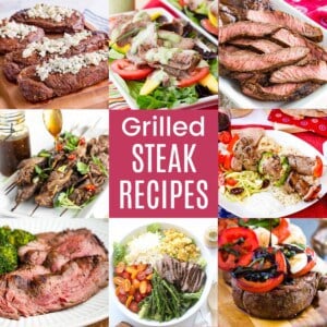 A three-by-three collage of steak skewers, black and blue steaks, slices of flank steak, a sliced flat iron steak caprese filet mignon and steak salads with a pink box in the middle with text overlay that says "Grilled Steak Recipes".