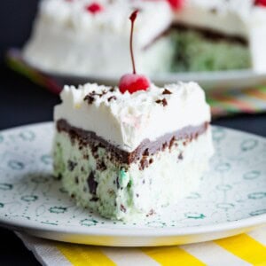 A slice of mint chocolate chip ice cream cake with the point of the wedge slice facing forward.