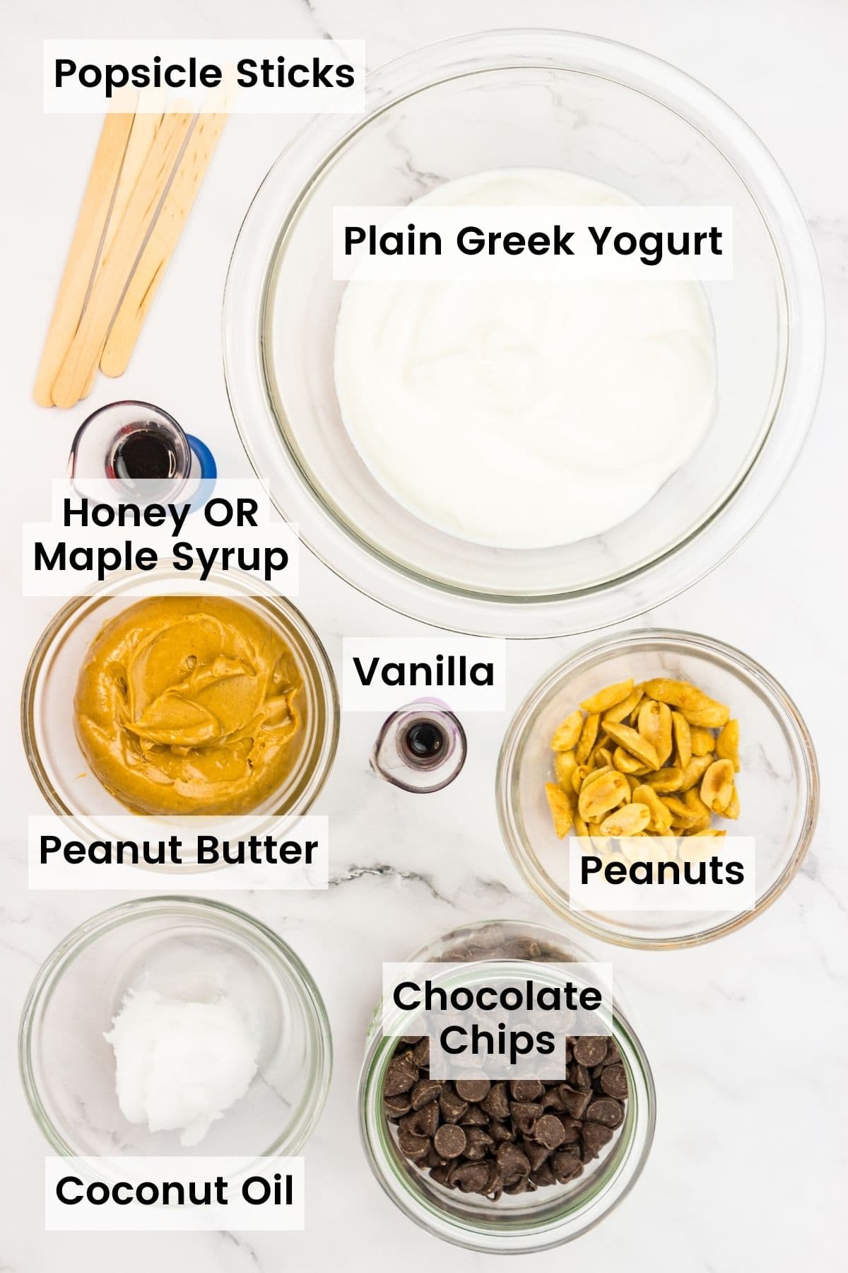 Ingredients for peanut butter frozen yogurt bars are portioned and labelled: Greek yogurt, peanut butter, vanilla, peanuts, chocolate, honey or maple syrup, coconut oil.