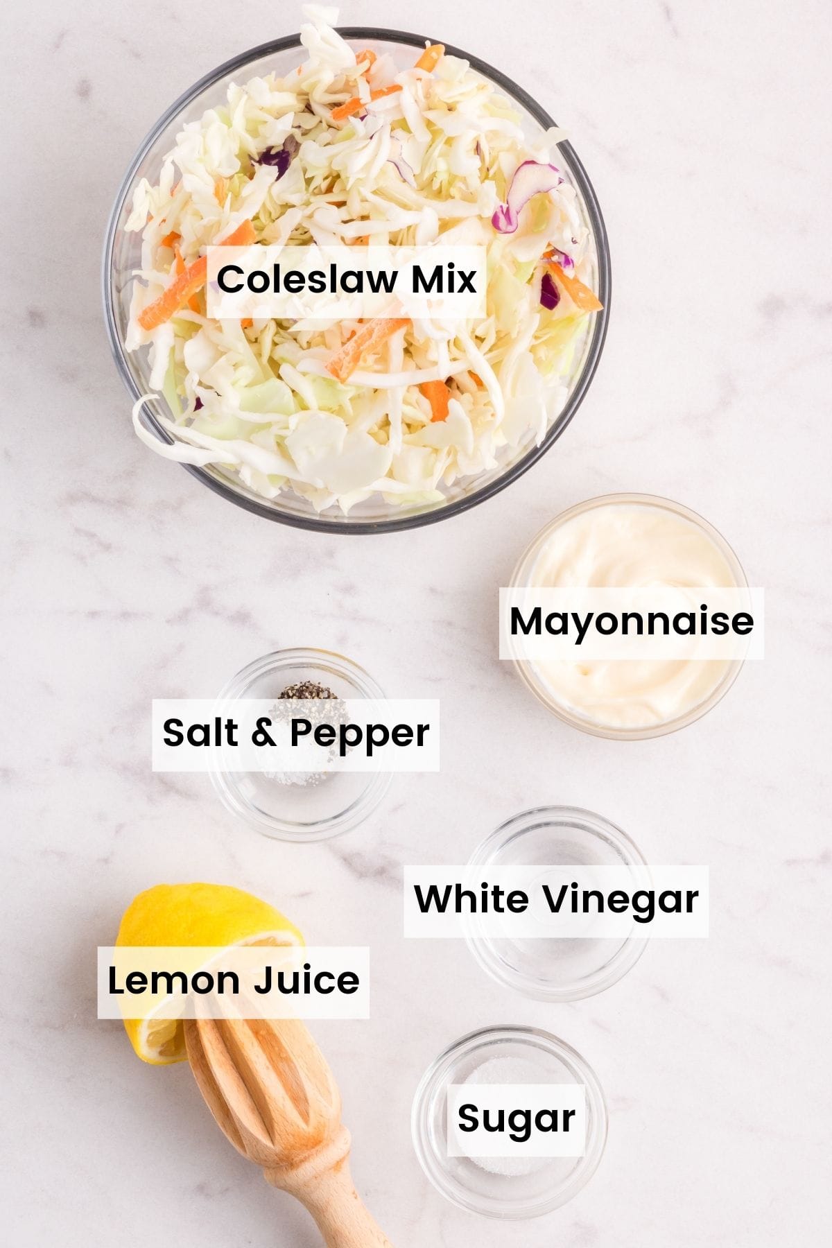 The ingredients for th coleslaw filling are shown labeled and portioned: coleslaw mix, mayonnaise, salt and pepper, lemon juice, sugar, white vinegar.