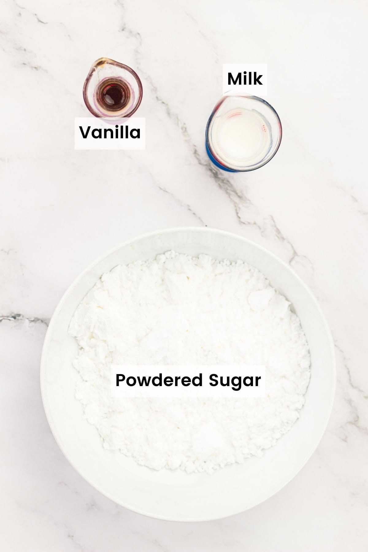 Glaze ingredients are shown labeled: powdered sugar, vanilla, milk.