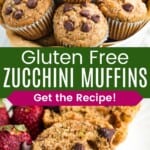 Chocolate chip zucchini muffins with chocolate chips piled in a bowl and one cut in half on a plate divided by a green box with text overlay that says "Gluten Free Zucchini Muffins" and the words "Get the Recipe!".