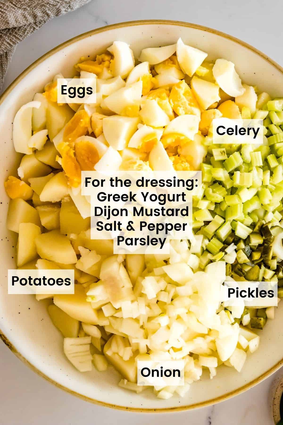 A bowl of the components of the potato salad with text labels including potatoes, eggs. onion, pickles, and celery plus a list of what's needed for the dressing: Greek yogurt, Dijon Mustard, Salt and Pepper, and parsley.