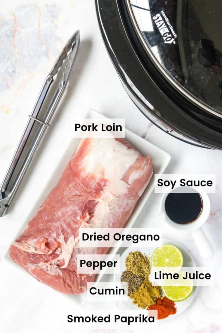 Ingredients to make peruvian pulled pork on a countertop next to a crockpot with each ingredient labeled.