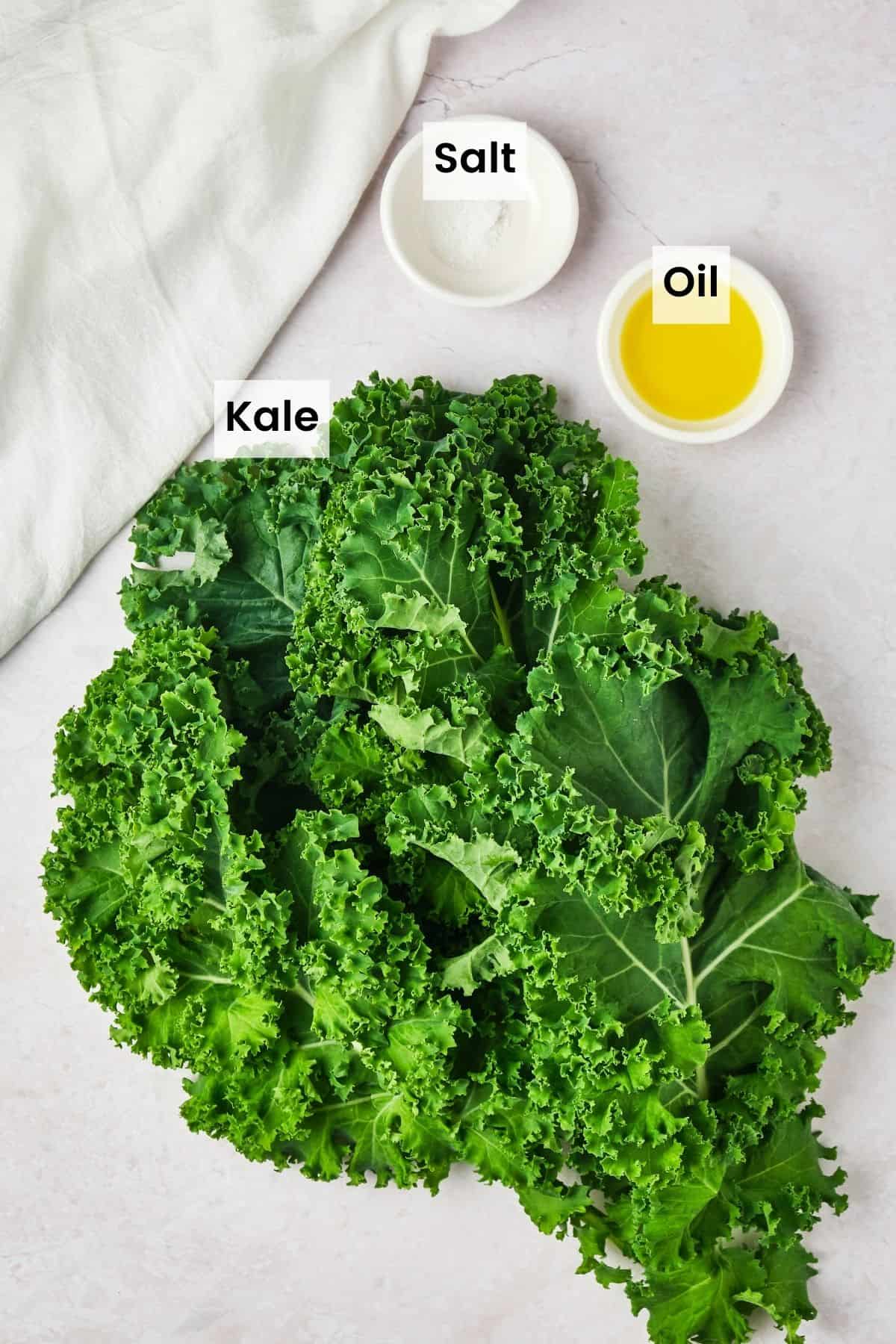 Ingredients for air fryer kale chips are shown with text labels: kale, olive oil, and salt.