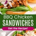 A barbecue chicken sandwich with coleslaw being added and the sandwiches on a platter before the tops of the buns are added divided by a green box with text overlay that says "BBQ Chicken Sandwiches" and the words "Get the Recipe!".