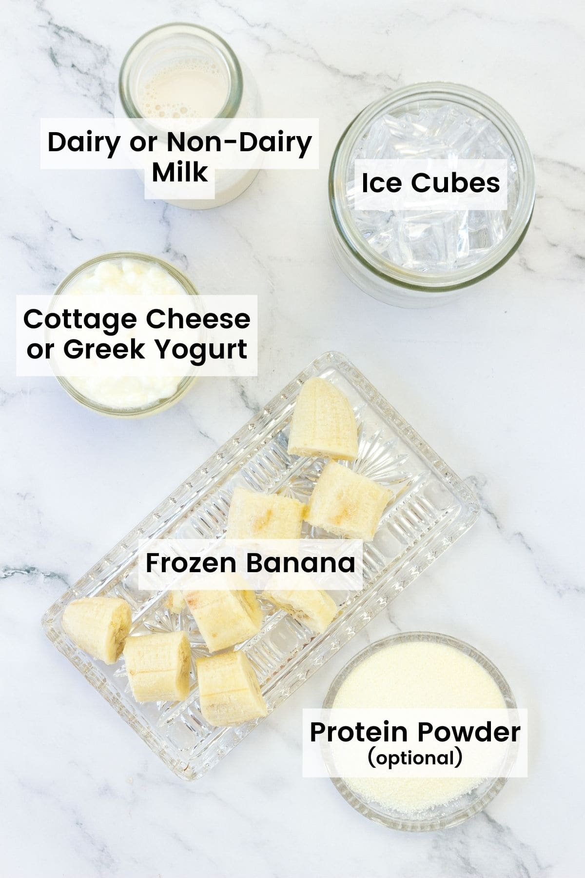 Ingredients for a banana smoothie are shown labeled: frozen banana, cottage cheese, milk, ice cubes, protein powder.