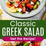 A bowl of cucumbers, tomatoes, olives, red onion, green peppers, and feta tossed in dressing and a serving of it on a plate with chicken skewers divided by a green box with text overlay that says "Classic Greek Salad" and the words "Get the Recipe!".