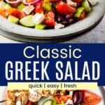 A spoon picking up a scoop from a bowl of cucumbers, tomatoes, olives, red onion, green peppers, and feta tossed in dressing and a serving of it on a plate with chicken skewers divided by a green box with text overlay that says "Classic Greek Salad" and the words quick, easy, and fresh.