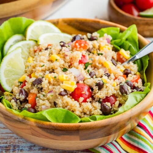 A bowl of Mexican quinoa salad in a serving bowl.