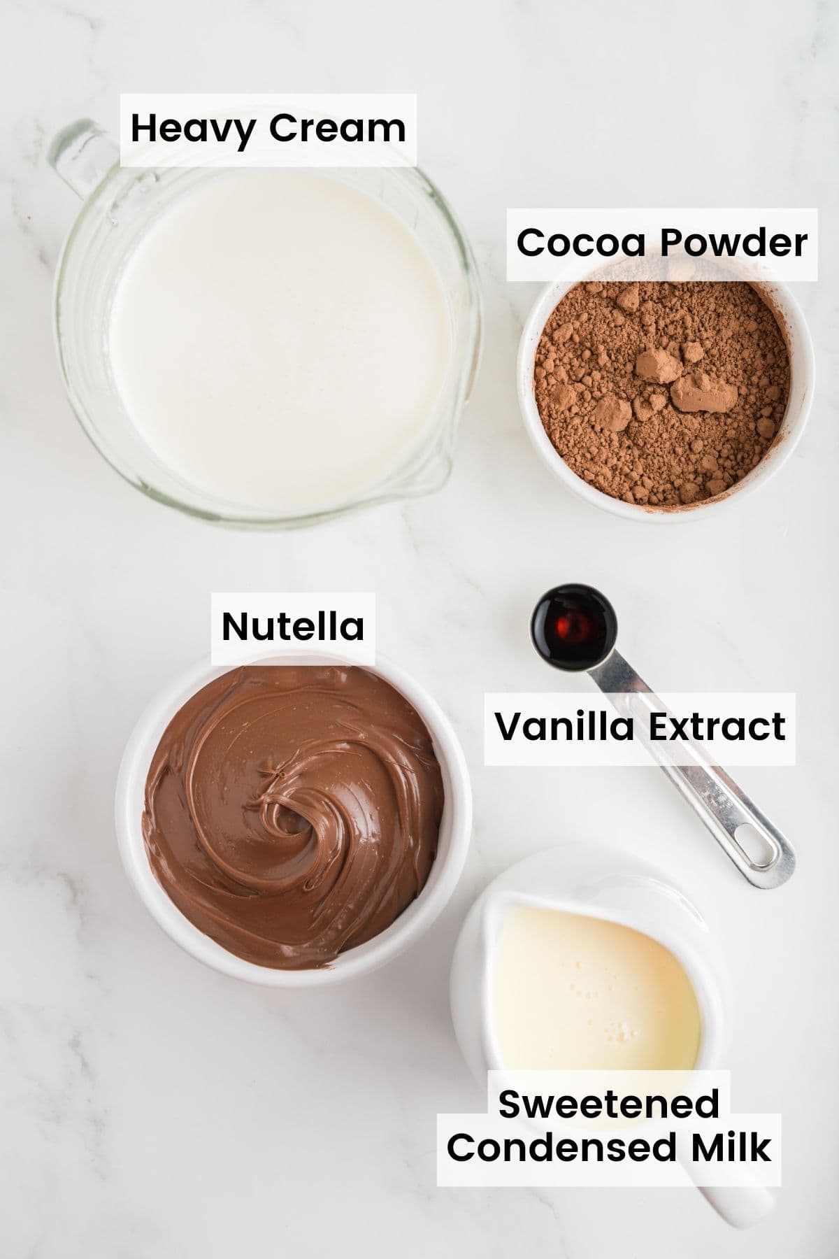 Ingredients for nutella ice cream are shown portioned and labeled: nutella, vanilla, condensed milk, cocoa powder, heavy cream.