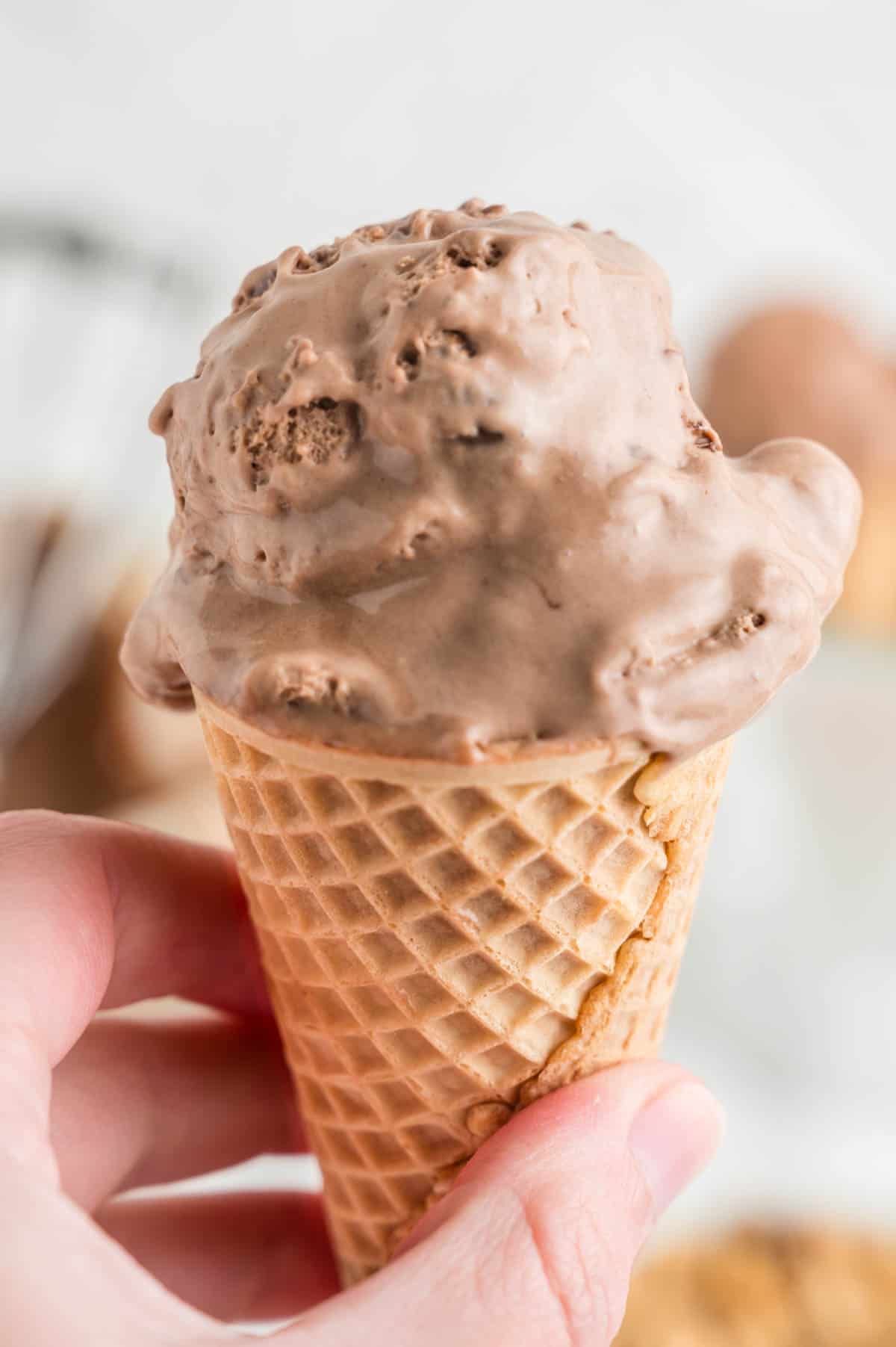 A hand holds a cone topped with scoop of nutella ice cream.