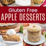 A collage of photos of a slice of apple pie, an apple turnover, apple ice cream, an apple cheesecake bar, apple cider donuts, an apple crisp, and slices of apple cider donut cake divided by red box in the middle with text overlay that says "Gluten Free Apple Desserts".